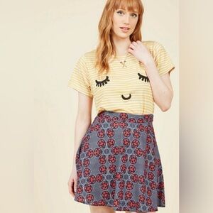 ModCloth Red and Blue Ladybug Kaleidoscope Skater Skirt